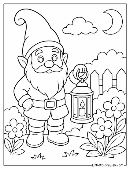Realistic Gnome Standing Watch Over a Garden at Twilight With a Lantern Coloring Page