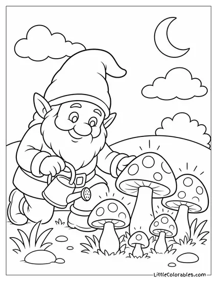 Realistic Gnome Tending a Garden of Glowing Mushrooms at Dusk Coloring Page