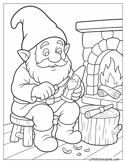 Realistic Gnome Whittling a Small Wooden Figurine by Firelight Coloring Page
