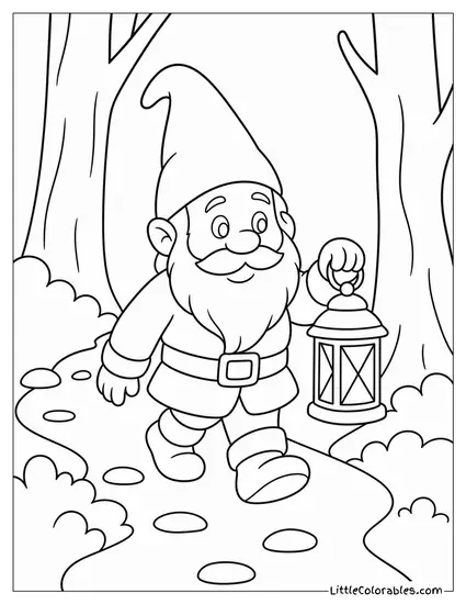 Realistic Gnome With a Lantern Walking Through a Misty Forest Path Coloring Page