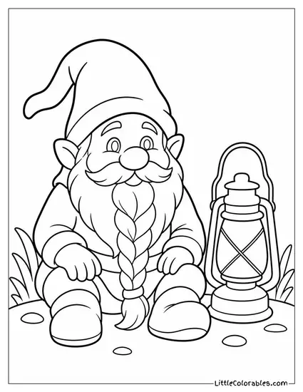 Realistic Gnome With a Long Braided Beard Sitting Beside a Lantern Coloring Page