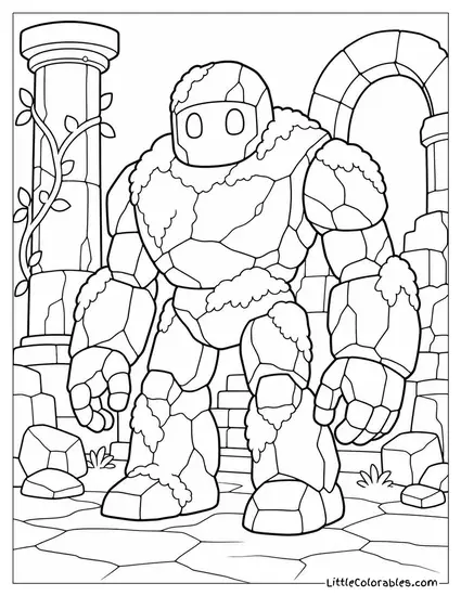 Realistic Golem Made of Stone and Moss Standing in a Ruined Temple Coloring Page
