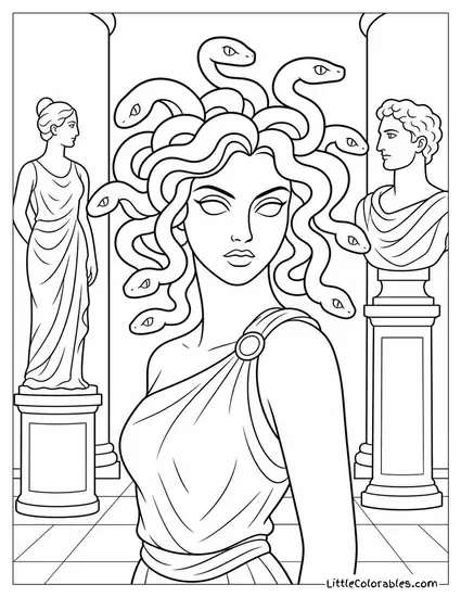 Realistic Gorgon With Serpent Hair Standing Among Stone Statues Coloring Page