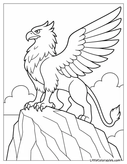 Realistic Griffin Perched on a Rocky Cliff With Wings Spread Against the Wind Coloring Page