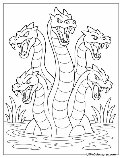 Realistic Hydra Rising From a Swamp With Multiple Serpent Heads Hissing Coloring Page