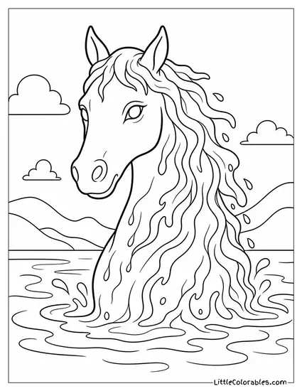 Realistic Kelpie Emerging From a Dark Loch With a Flowing Water Mane Coloring Page
