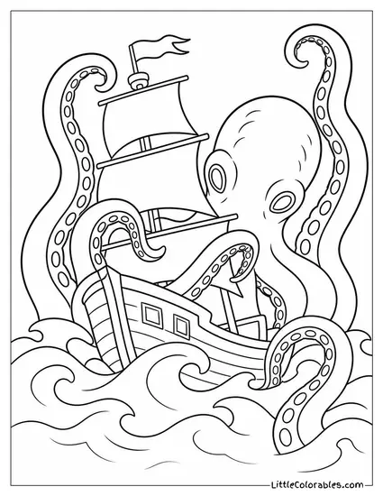 Realistic Kraken Rising From Stormy Ocean Waves Wrapping Around a Ship Coloring Page