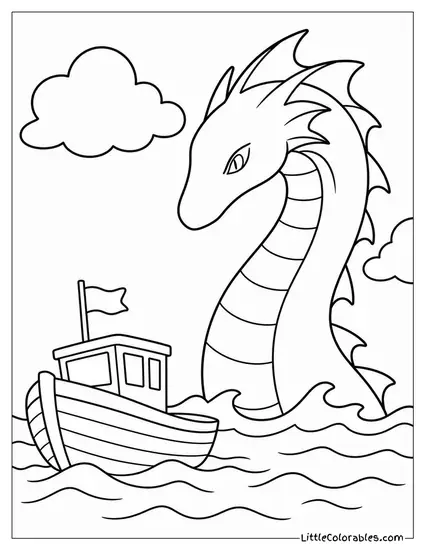 Realistic Leviathan Surfacing From Deep Ocean Waters Beside a Small Boat Coloring Page