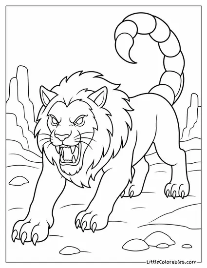 Realistic Manticore Prowling a Rocky Desert With a Venomous Scorpion Tail Coloring Page
