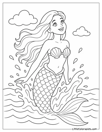 Realistic Mermaid Breaching the Surface With Water Droplets Catching Light Coloring Page