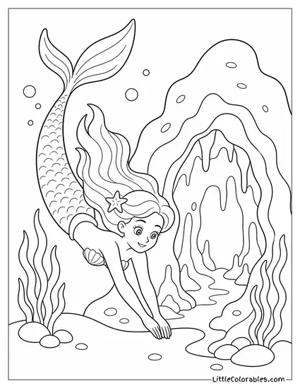 Realistic Mermaid Diving Deep Near a Glowing Bioluminescent Cave Coloring Page