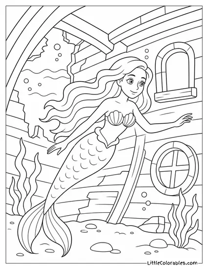 Realistic Mermaid Gliding Gracefully Through a Sunken Shipwreck Coloring Page