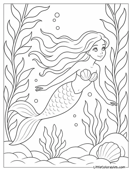 Realistic Mermaid Gliding Past Towering Kelp Forests Coloring Page