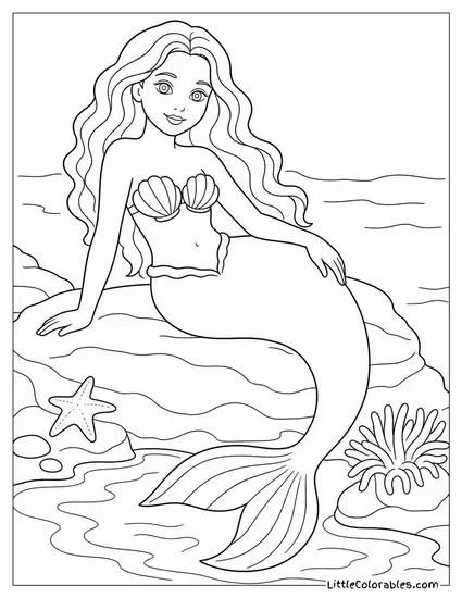 Realistic Mermaid Lounging on a Sunlit Tide Pool Rock Coloring Page