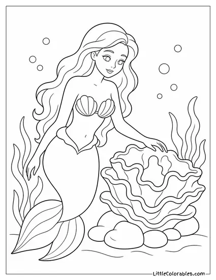 Realistic Mermaid Resting Her Hand on a Glowing Coral Formation Coloring Page