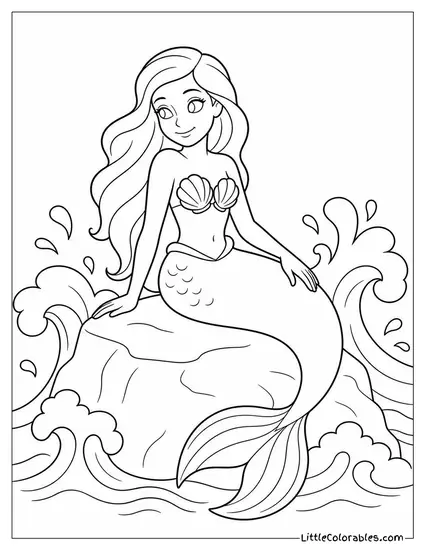 Realistic Mermaid Resting on a Rock Surrounded by Crashing Waves Coloring Page