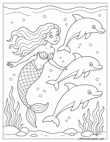 Realistic Mermaid Swimming Alongside a Pod of Dolphins Coloring Page