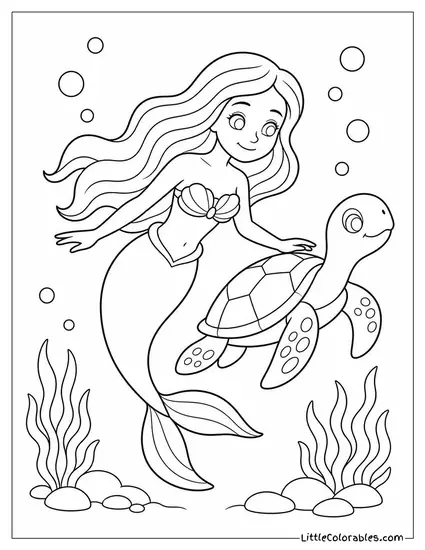 Realistic Mermaid Swimming Beside a Gentle Sea Turtle Coloring Page