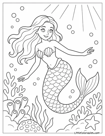 Realistic Mermaid Swimming Through a Sunlit Coral Reef Coloring Page