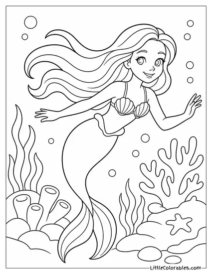 Realistic Mermaid Swimming Through a Sunlit Coral Reef With Flowing Hair Coloring Page