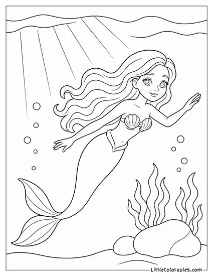 Realistic Mermaid Swimming Through Sunbeams Filtering Into the Deep Coloring Page