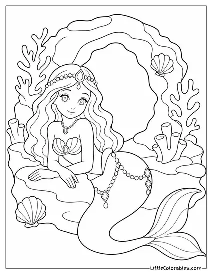 Realistic Mermaid With a Jeweled Tail Resting Near a Coral Archway Coloring Page