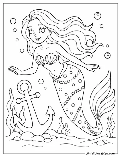 Realistic Mermaid With a Pearl Studded Tail Swimming Near an Anchor Coloring Page