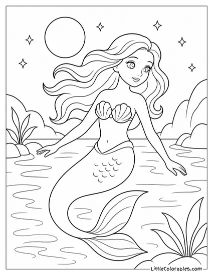Realistic Mermaid With Flowing Hair Drifting in a Moonlit Lagoon Coloring Page