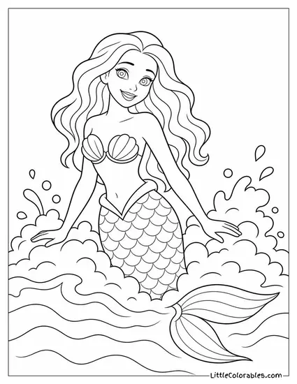 Realistic Mermaid With Glistening Scales Emerging From Ocean Foam Coloring Page
