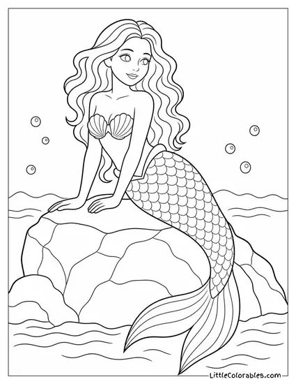 Realistic Mermaid With Intricate Scale Detail Resting on Volcanic Rock Coloring Page