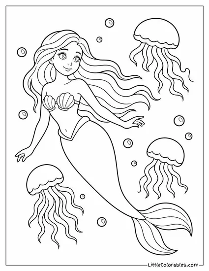Realistic Mermaid With Long Flowing Hair Drifting Among Jellyfish Coloring Page