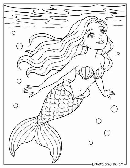 Realistic Mermaid With Shimmering Scales Catching Light Near the Surface Coloring Page