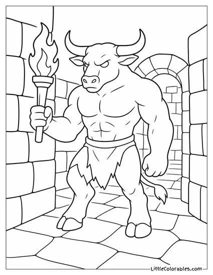 Realistic Minotaur Standing in a Torchlit Stone Labyrinth Coloring Page