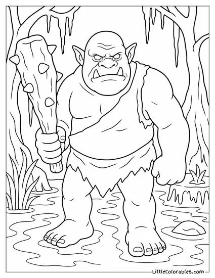Realistic Ogre Standing in a Dense Swamp With a Massive Club Coloring Page