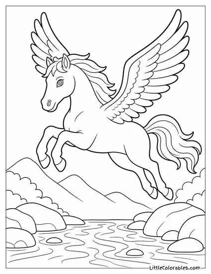 Realistic Pegasus Caught Mid Leap Over a Sparkling Mountain Stream Coloring Page