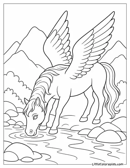 Realistic Pegasus Drinking From a Crystal Clear Mountain Stream Coloring Page