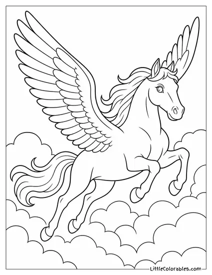 Realistic Pegasus Galloping Across Storm Clouds With Wings Fully Spread Coloring Page