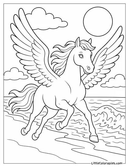 Realistic Pegasus Galloping Along a Moonlit Beach With Waves Crashing Coloring Page