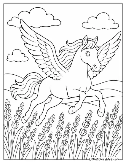 Realistic Pegasus Galloping Through a Field of Lavender at Twilight Coloring Page