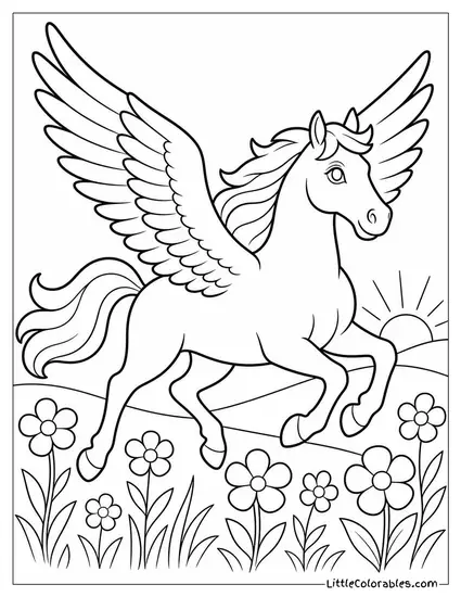 Realistic Pegasus Galloping Through a Field of Wildflowers at Dawn Coloring Page