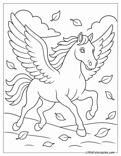 Realistic Pegasus Galloping Through Autumn Leaves Swirling in the Wind Coloring Page