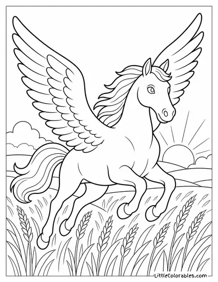 Realistic Pegasus Galloping Through Golden Wheat Fields at Sunset Coloring Page