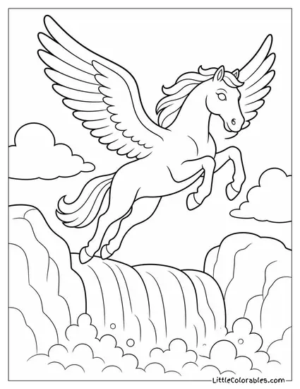 Realistic Pegasus Leaping Over a Waterfall With Mist Swirling Around It Coloring Page