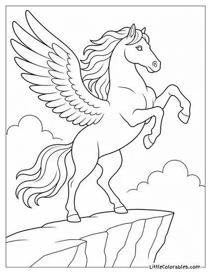 Realistic Pegasus Rearing on a Cliff Edge With Mane Flowing in the Wind Coloring Page