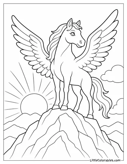 Realistic Pegasus Standing Atop a Mountain Peak Silhouetted Against the Sunrise Coloring Page