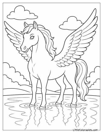 Realistic Pegasus Standing in Shallow Water With Reflections Rippling Coloring Page