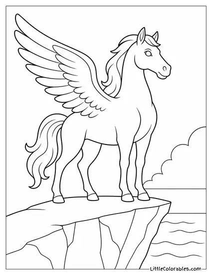 Realistic Pegasus Standing Proudly on a Cliff Overlooking the Ocean Coloring Page