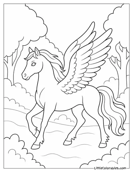 Realistic Pegasus Trotting Through a Misty Forest Clearing Coloring Page
