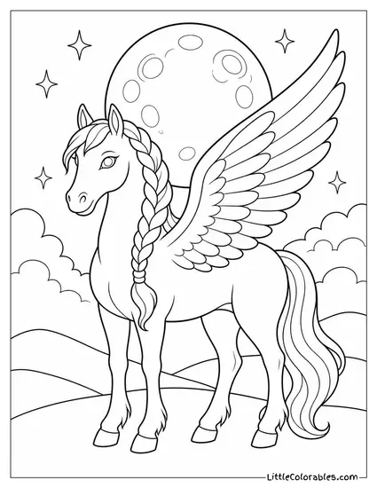 Realistic Pegasus With Braided Mane Standing Beneath a Glowing Moon Coloring Page