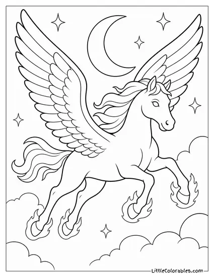 Realistic Pegasus With Glowing Hooves Galloping Across the Night Sky Coloring Page